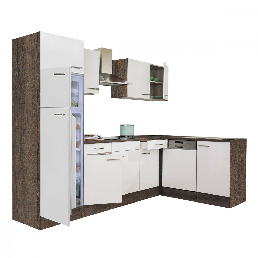 Yorki 280 sarok konyhablokk yorki tölgy korpusz,selyemfényű fehér fronttal felülfagyasztós hűtős szekrénnyel (HX)