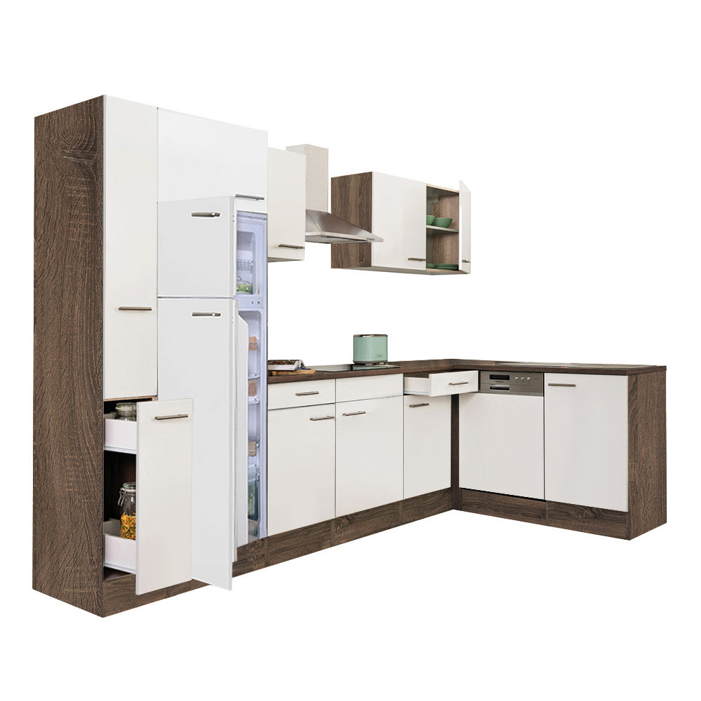 Yorki 310 sarok konyhablokk yorki tölgy korpusz,selyemfényű fehér fronttal felülfagyasztós hűtős szekrénnyel (HX)