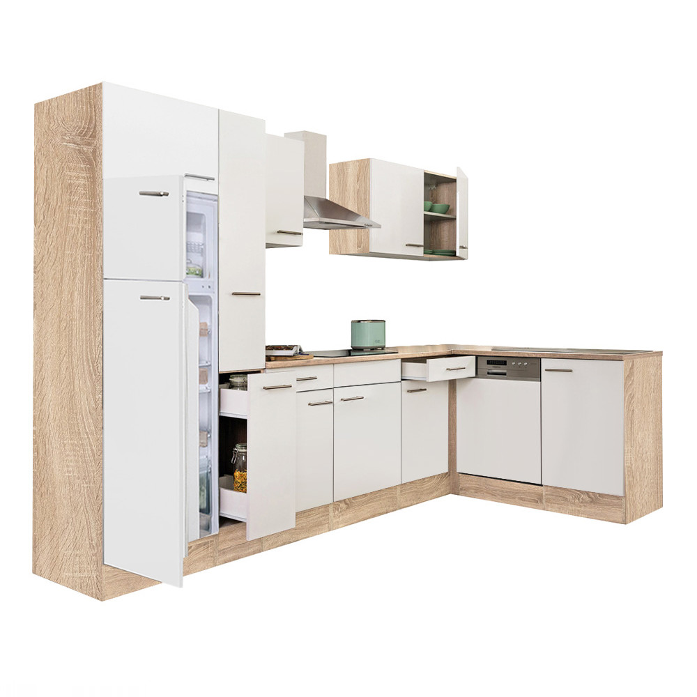 Yorki 310 sarok konyhablokk sonoma tölgy korpusz,selyemfényű fehér fronttal felülfagyasztós hűtős szekrénnyel (HX)