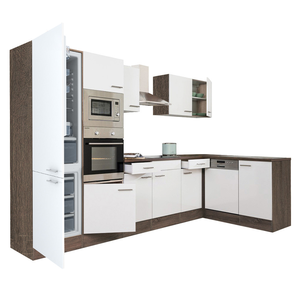 Yorki 340 sarok konyhablokk yorki tölgy korpusz,selyemfényű fehér fronttal alulagyasztós hűtős szekrénnyel (HX)