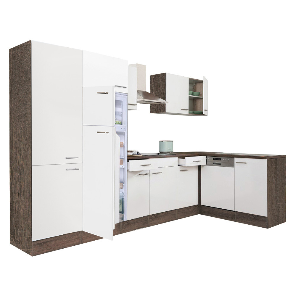 Yorki 340 sarok konyhablokk yorki tölgy korpusz,selyemfényű fehér fronttal polcos szekrénnyel és felülfagyasztós hűtős szekrénnyel (HX)