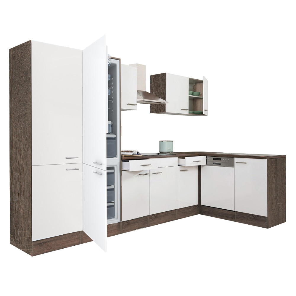 Yorki 340 sarok konyhablokk yorki tölgy korpusz,selyemfényű fehér fronttal polcos szekrénnyel és alulfagyasztós hűtős szekrénnyel (HX)
