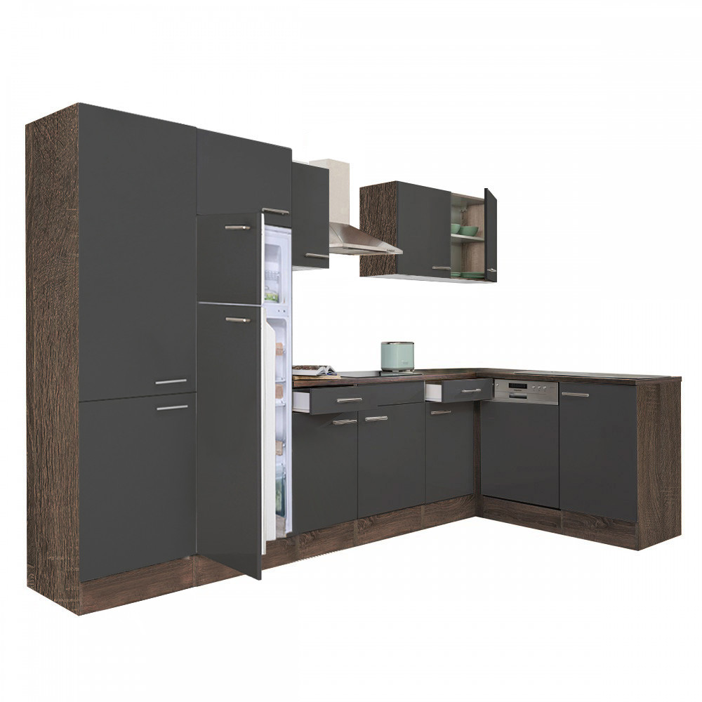 Yorki 340 sarok konyhablokk yorki tölgy korpusz,selyemfényű antracit fronttal polcos szekrénnyel és felülfagyasztós hűtős szekrénnyel (HX)