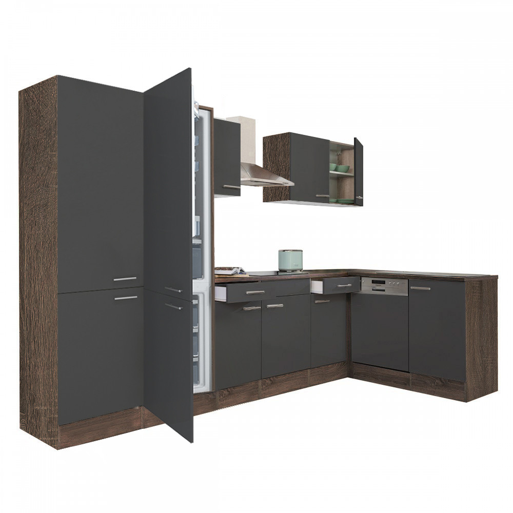Yorki 340 sarok konyhablokk yorki tölgy korpusz,selyemfényű antracit fronttal polcos szekrénnyel és alulfagyasztós hűtős szekrénnyel (HX)
