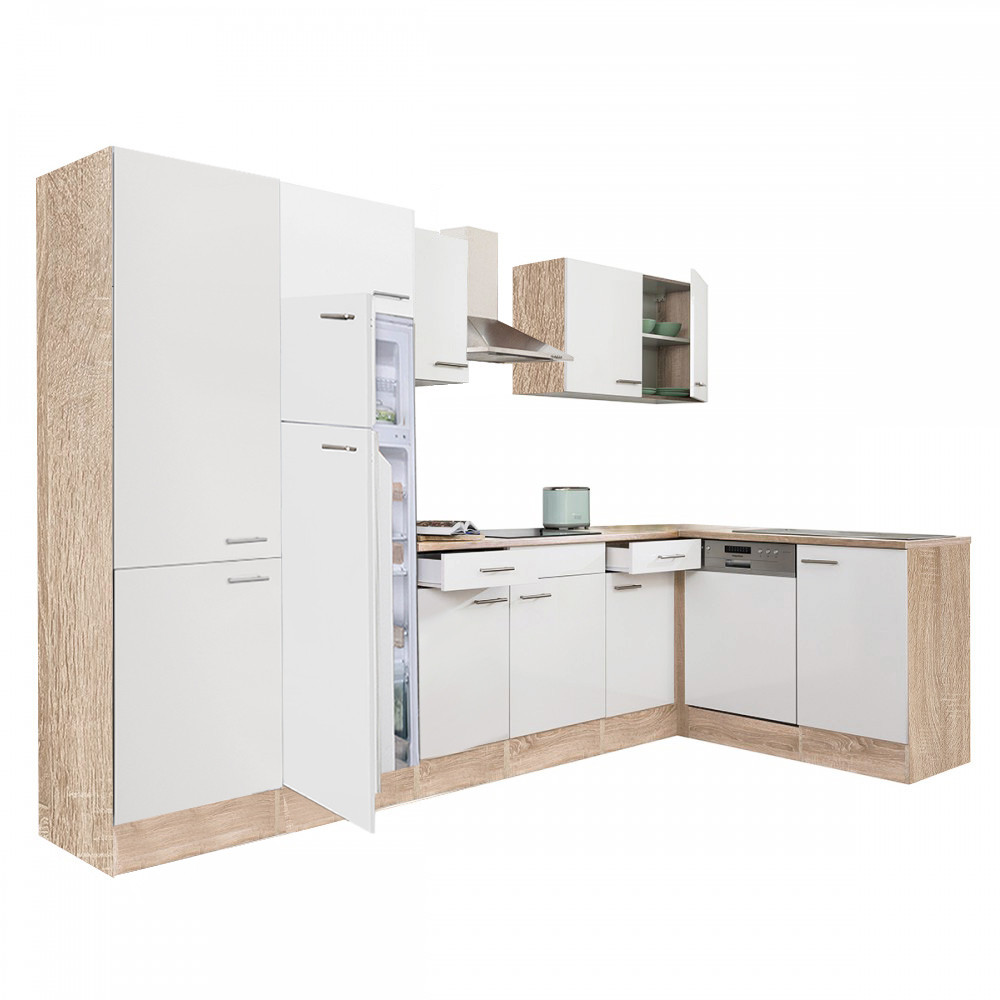 Yorki 340 sarok konyhablokk sonoma tölgy korpusz,selyemfényű fehér fronttal polcos szekrénnyel és felülfagyasztós hűtős szekrénnyel (HX)