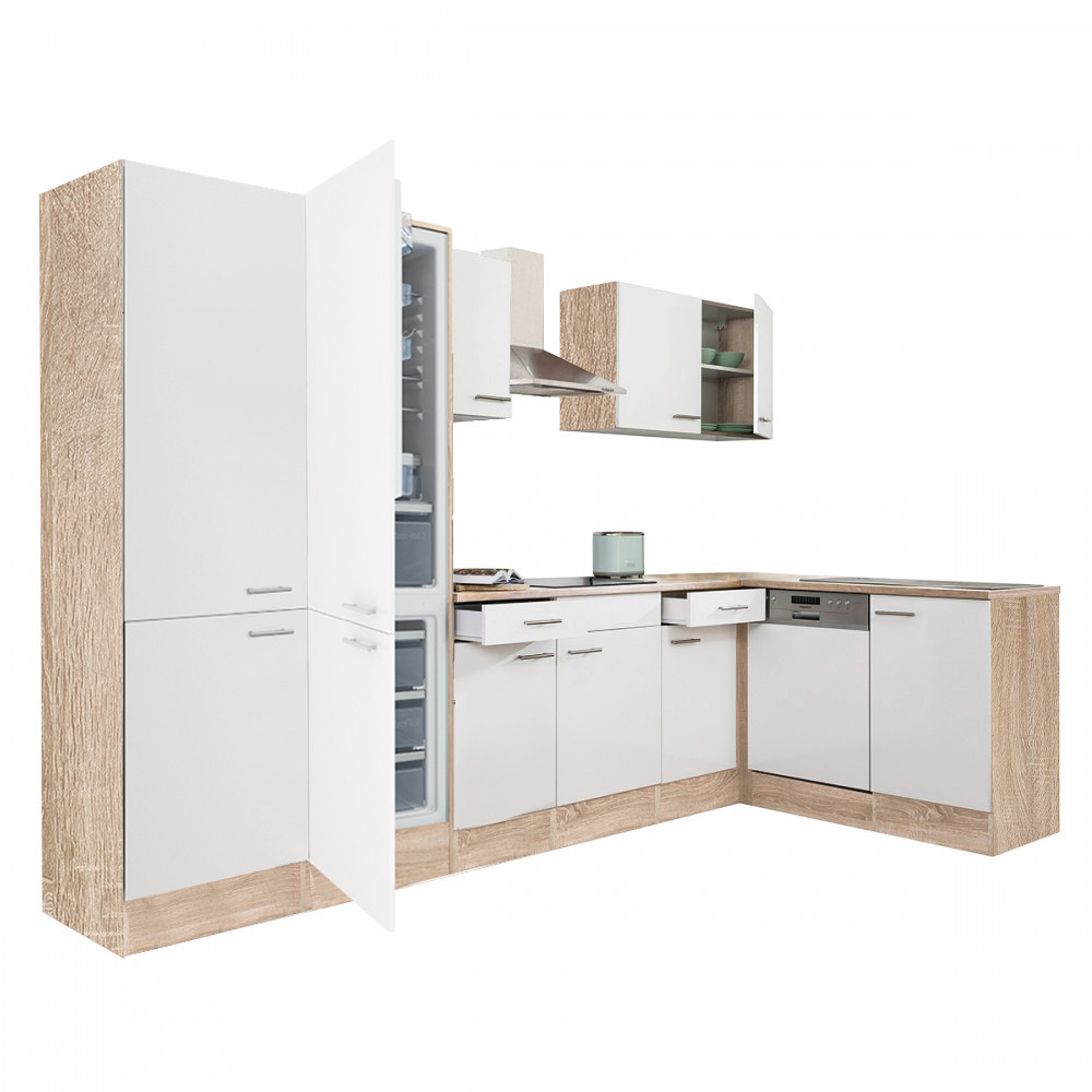 Yorki 340 sarok konyhablokk sonoma tölgy korpusz,selyemfényű fehér fronttal polcos szekrénnyel és alulfagyasztós hűtős szekrénnyel (HX)