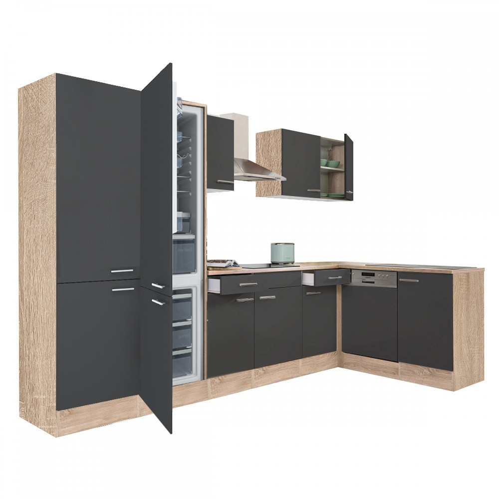 Yorki 340 sarok konyhablokk sonoma tölgy korpusz,selyemfényű antracit fronttal polcos szekrénnyel és alulfagyasztós hűtős szekrénnyel (HX)