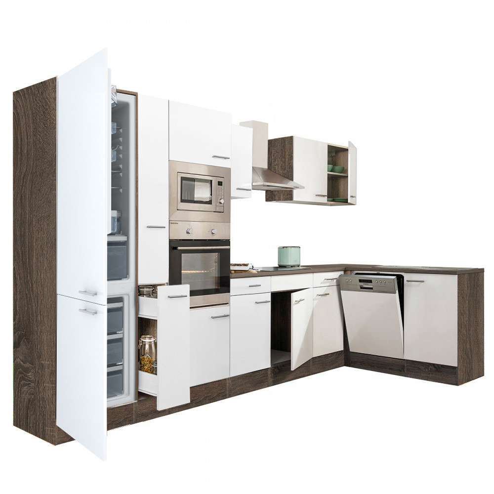 Yorki 370 sarok konyhablokk yorki tölgy korpusz,selyemfényű fehér fronttal alulagyasztós hűtős szekrénnyel (HX)