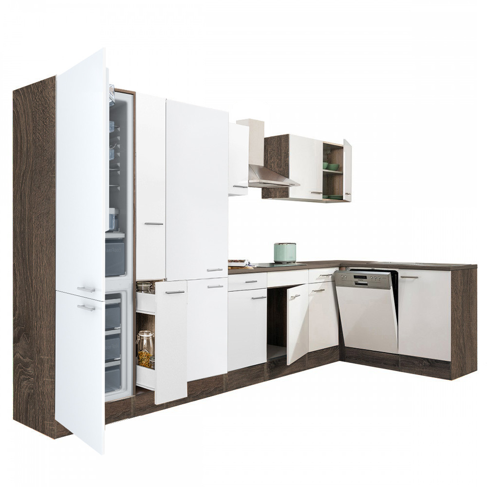 Yorki 370 sarok konyhablokk yorki tölgy korpusz,selyemfényű fehér fronttal polcos szekrénnyel és alulfagyasztós hűtős szekrénnyel (HX)
