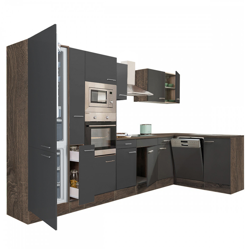 Yorki 370 sarok konyhablokk yorki tölgy korpusz,selyemfényű antracit fronttal alulagyasztós hűtős szekrénnyel (HX)