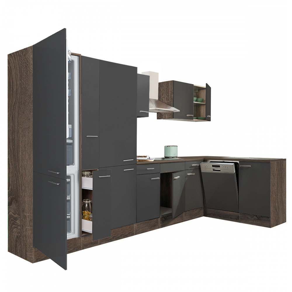 Yorki 370 sarok konyhablokk yorki tölgy korpusz,selyemfényű antracit fronttal polcos szekrénnyel és alulfagyasztós hűtős szekrénnyel (HX)