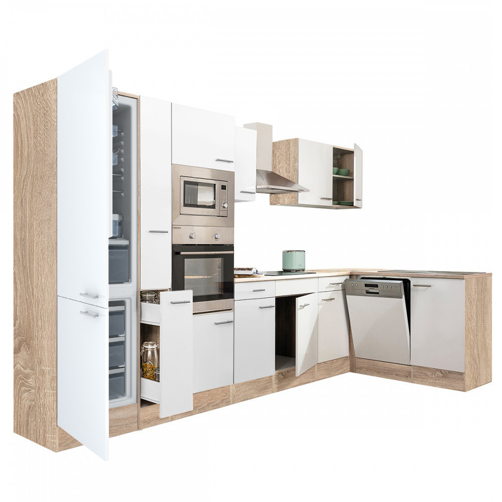 Yorki 370 sarok konyhablokk sonoma tölgy korpusz,selyemfényű fehér fronttal alulagyasztós hűtős szekrénnyel (HX)