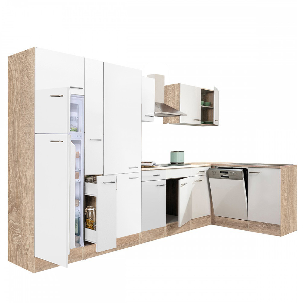 Yorki 370 sarok konyhablokk sonoma tölgy korpusz,selyemfényű fehér fronttal polcos szekrénnyel és felülfagyasztós hűtős szekrénnyel (HX)