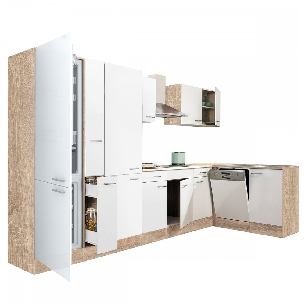 Yorki 370 sarok konyhablokk sonoma tölgy korpusz,selyemfényű fehér fronttal polcos szekrénnyel és alulfagyasztós hűtős szekrénnyel (HX)