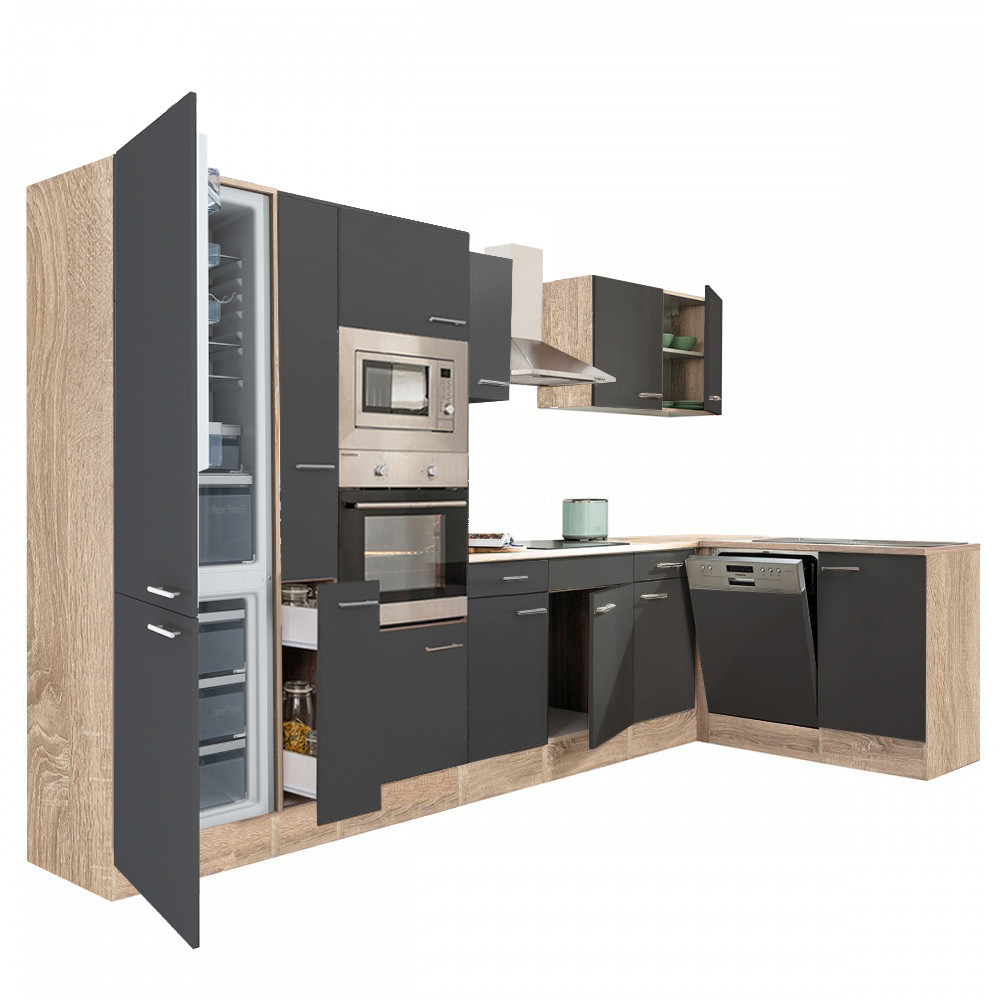 Yorki 370 sarok konyhablokk sonoma tölgy korpusz,selyemfényű antracit fronttal alulagyasztós hűtős szekrénnyel (HX)