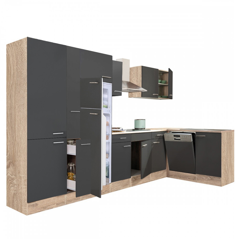 Yorki 370 sarok konyhablokk sonoma tölgy korpusz,selyemfényű antracit fronttal polcos szekrénnyel és felülfagyasztós hűtős szekrénnyel (HX)