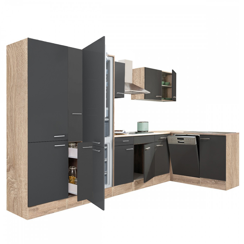 Yorki 370 sarok konyhablokk sonoma tölgy korpusz,selyemfényű antracit fronttal polcos szekrénnyel és alulfagyasztós hűtős szekrénnyel (HX)