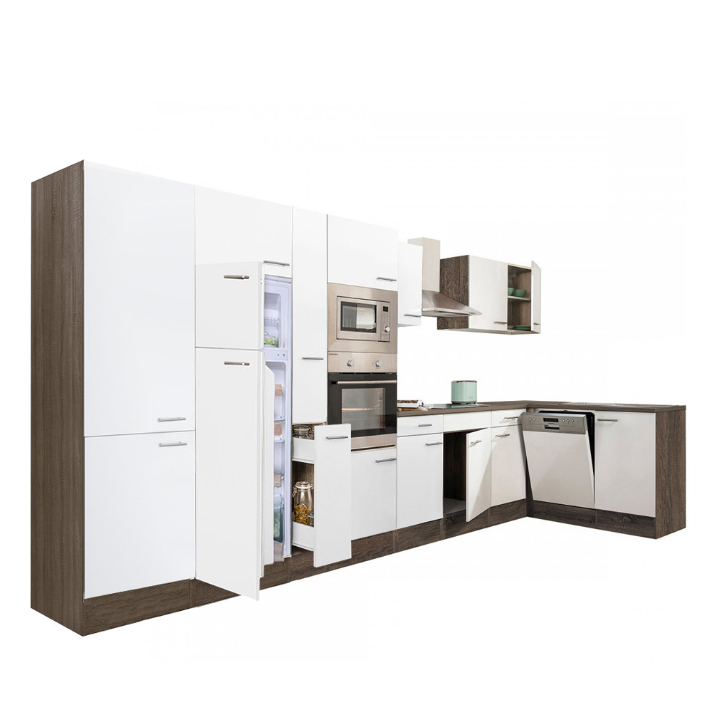 Yorki 430 sarok konyhablokk yorki tölgy korpusz,selyemfényű fehér fronttal felülfagyasztós hűtős szekrénnyel (HX)
