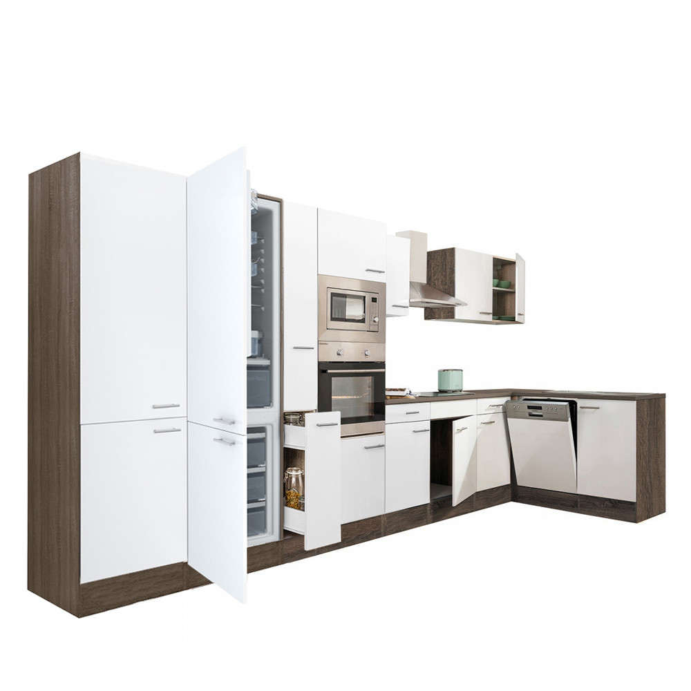 Yorki 430 sarok konyhablokk yorki tölgy korpusz,selyemfényű fehér fronttal alulagyasztós hűtős szekrénnyel (HX)