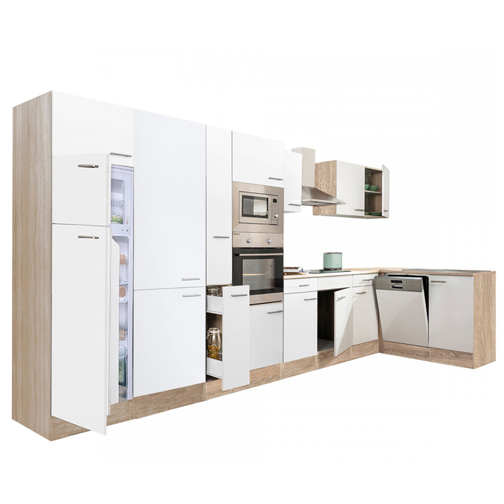 Yorki 430 sarok konyhablokk sonoma tölgy korpusz,selyemfényű fehér fronttal felülfagyasztós hűtős szekrénnyel (HX)