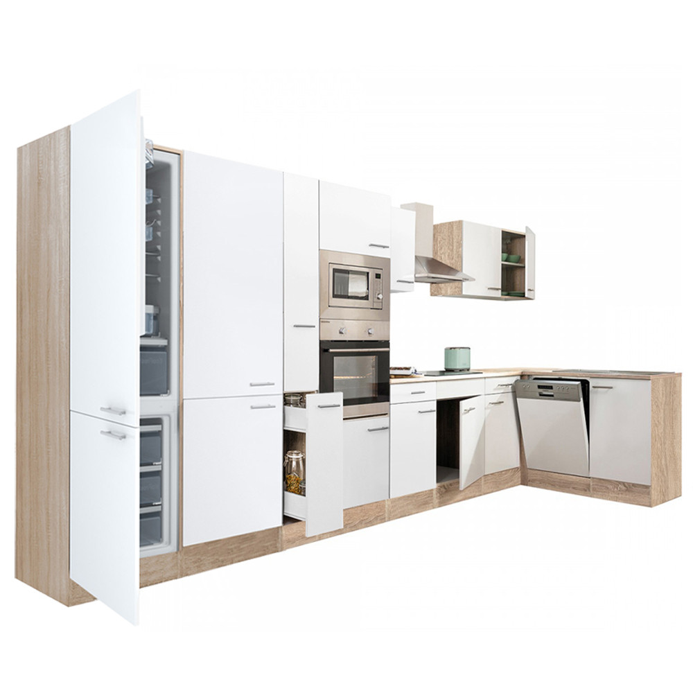 Yorki 430 sarok konyhablokk sonoma tölgy korpusz,selyemfényű fehér fronttal alulagyasztós hűtős szekrénnyel (HX)