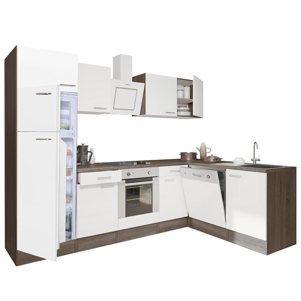 Yorki 280 sarok konyhablokk yorki tölgy korpusz,selyemfényű fehér front alsó sütős elemmel felülfagyasztós hűtős szekrénnyel (HX)