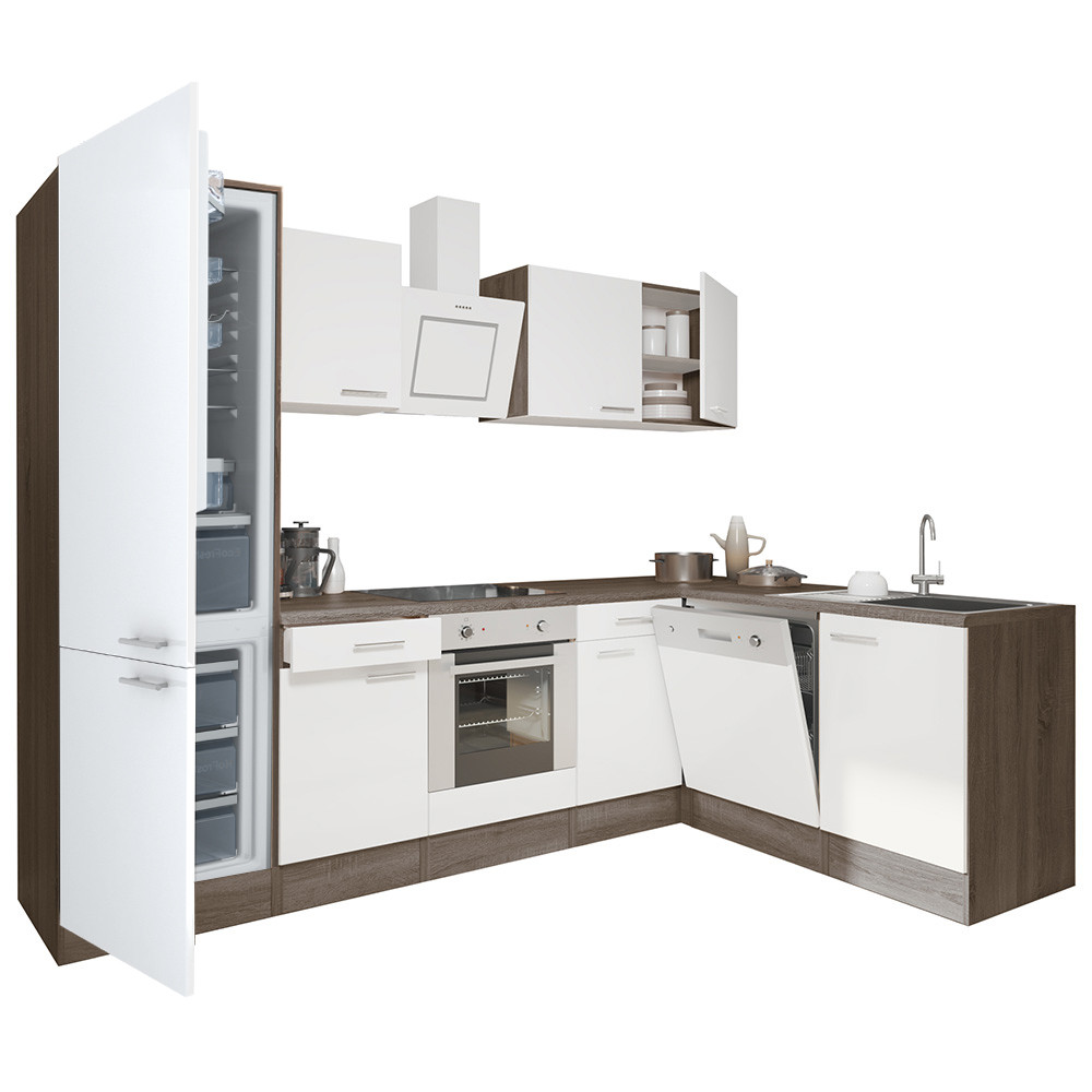Yorki 280 sarok konyhablokk yorki tölgy korpusz,selyemfényű fehér front alsó sütős elemmel alulagyasztós hűtős szekrénnyel (HX)