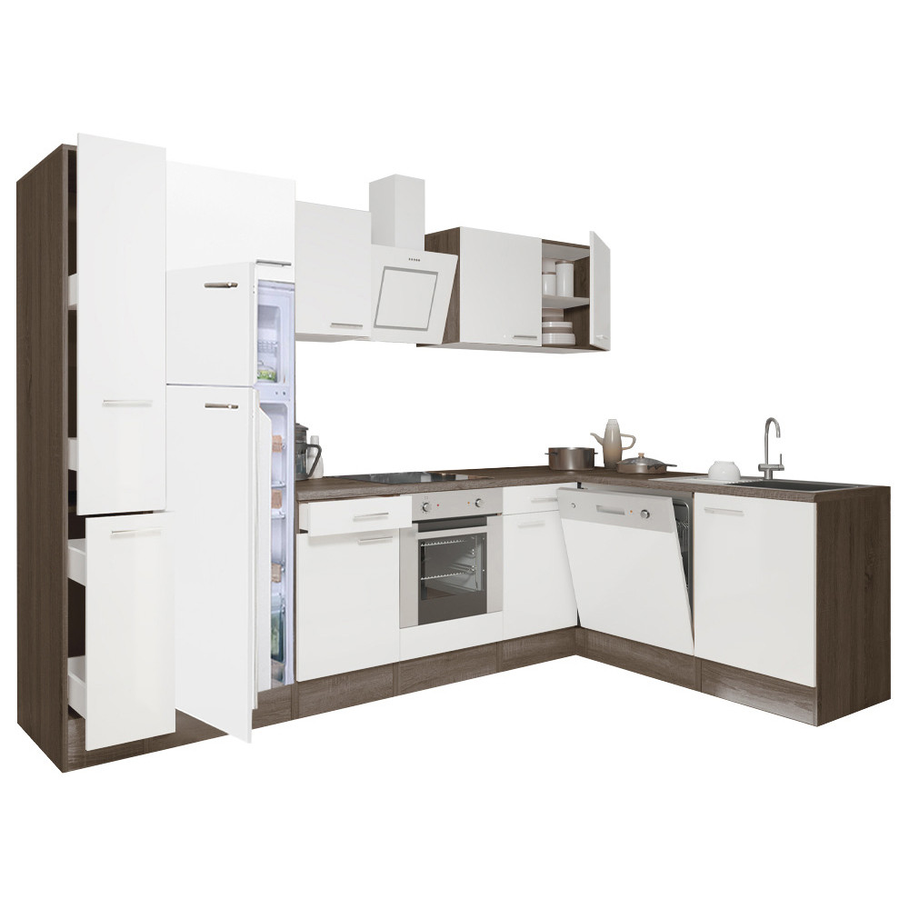 Yorki 310sarok konyhablokk yorki tölgy korpusz,selyemfényű fehér front alsó sütős elemmel felülfagyasztós hűtős szekrénnyel (HX)