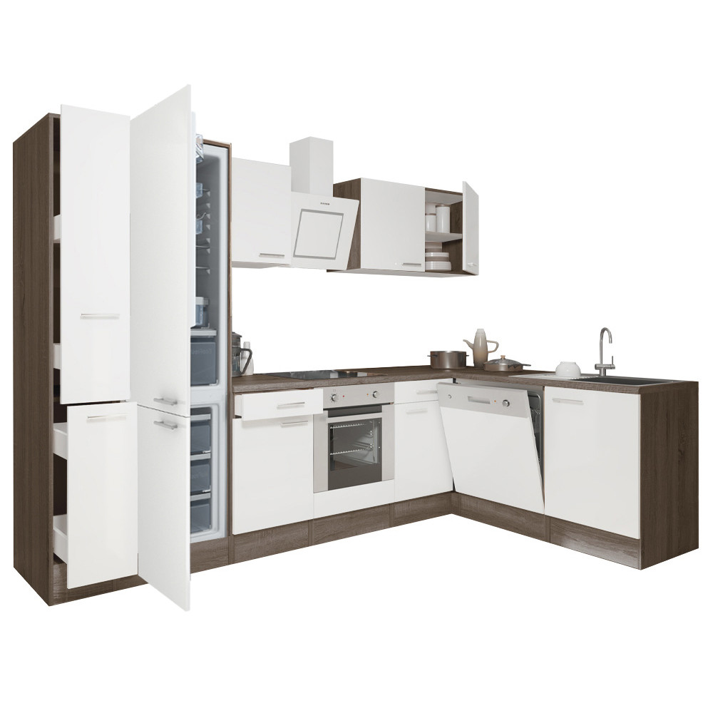 Yorki 310 sarok konyhablokk yorki tölgy korpusz,selyemfényű fehér front alsó sütős elemmel alulagyasztós hűtős szekrénnyel (HX)