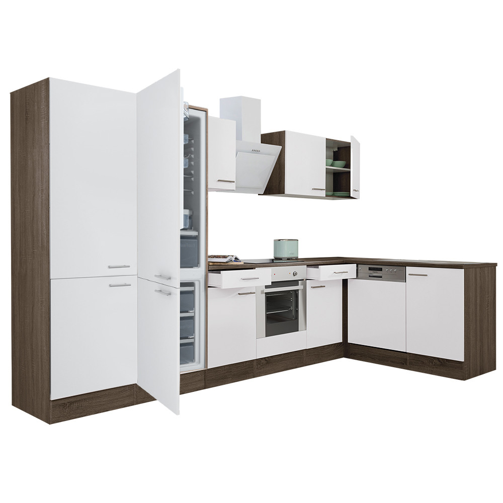 Yorki 340 sarok konyhablokk yorki tölgy korpusz,selyemfényű fehér front alsó sütős elemmel polcos szekrénnyel, alulfagyasztós hűtős szekrénnyel (HX)
