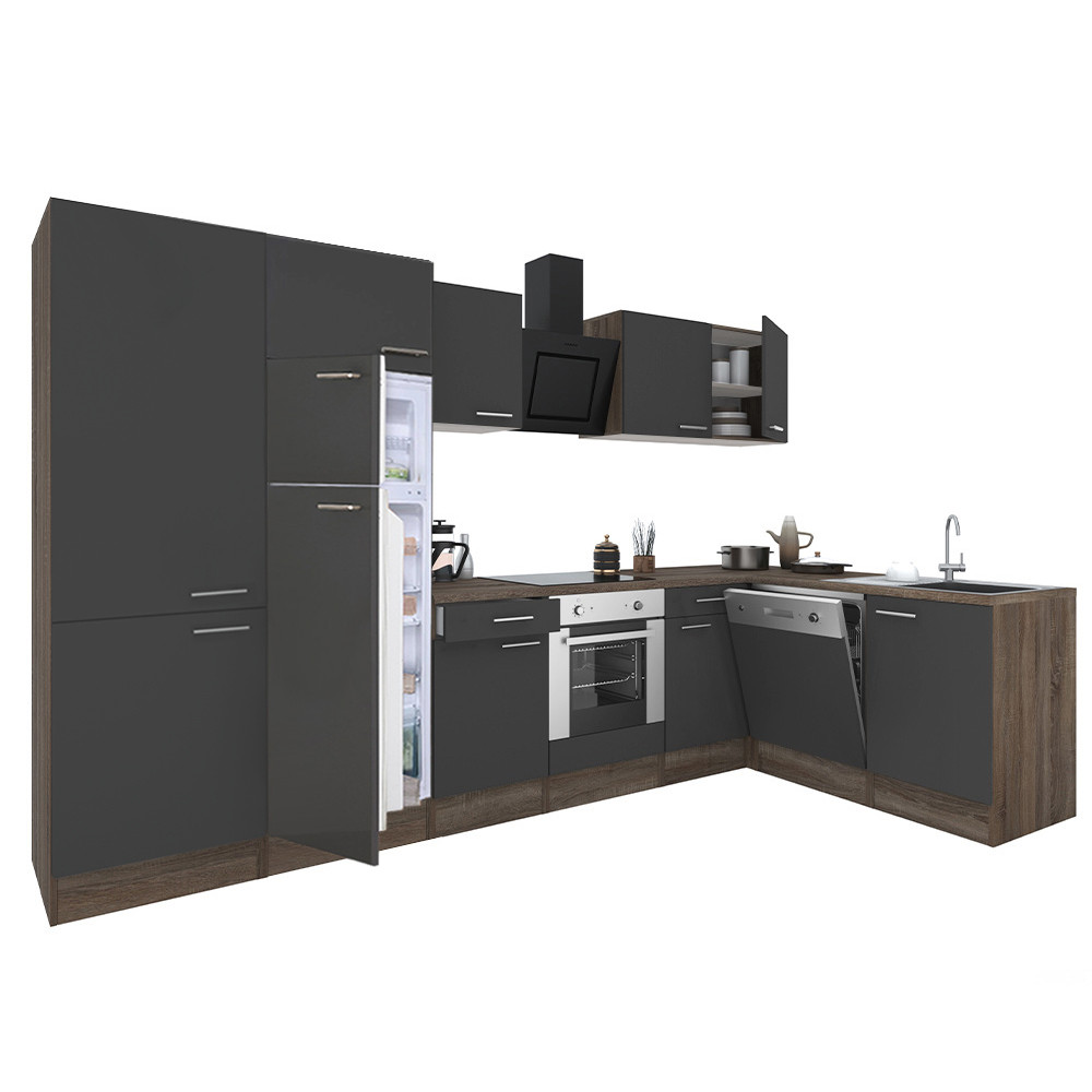 Yorki 340 sarok konyhablokk yorki tölgy korpusz,selyemfényű antracit front alsó sütős elemmel polcos szekrénnyel, felülfagyasztós hűtős szekrénnyel (HX)