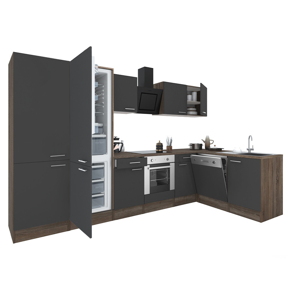 Yorki 340 sarok konyhablokk yorki tölgy korpusz,selyemfényű antracit front alsó sütős elemmel polcos szekrénnyel, alulfagyasztós hűtős szekrénnyel (HX)