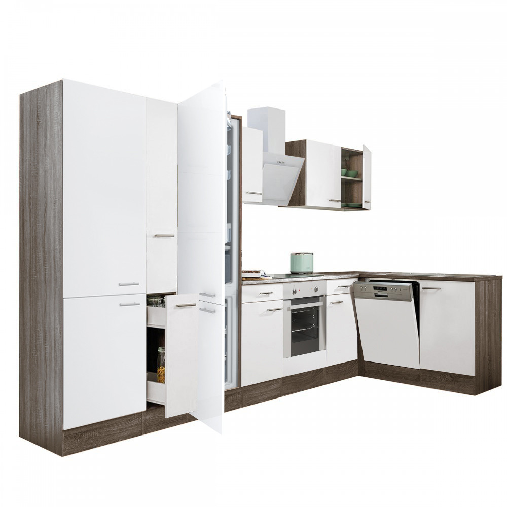 Yorki 370 sarok konyhablokk yorki tölgy korpusz,selyemfényű fehér front alsó sütős elemmel polcos szekrénnyel, alulfagyasztós hűtős szekrénnyel (HX)
