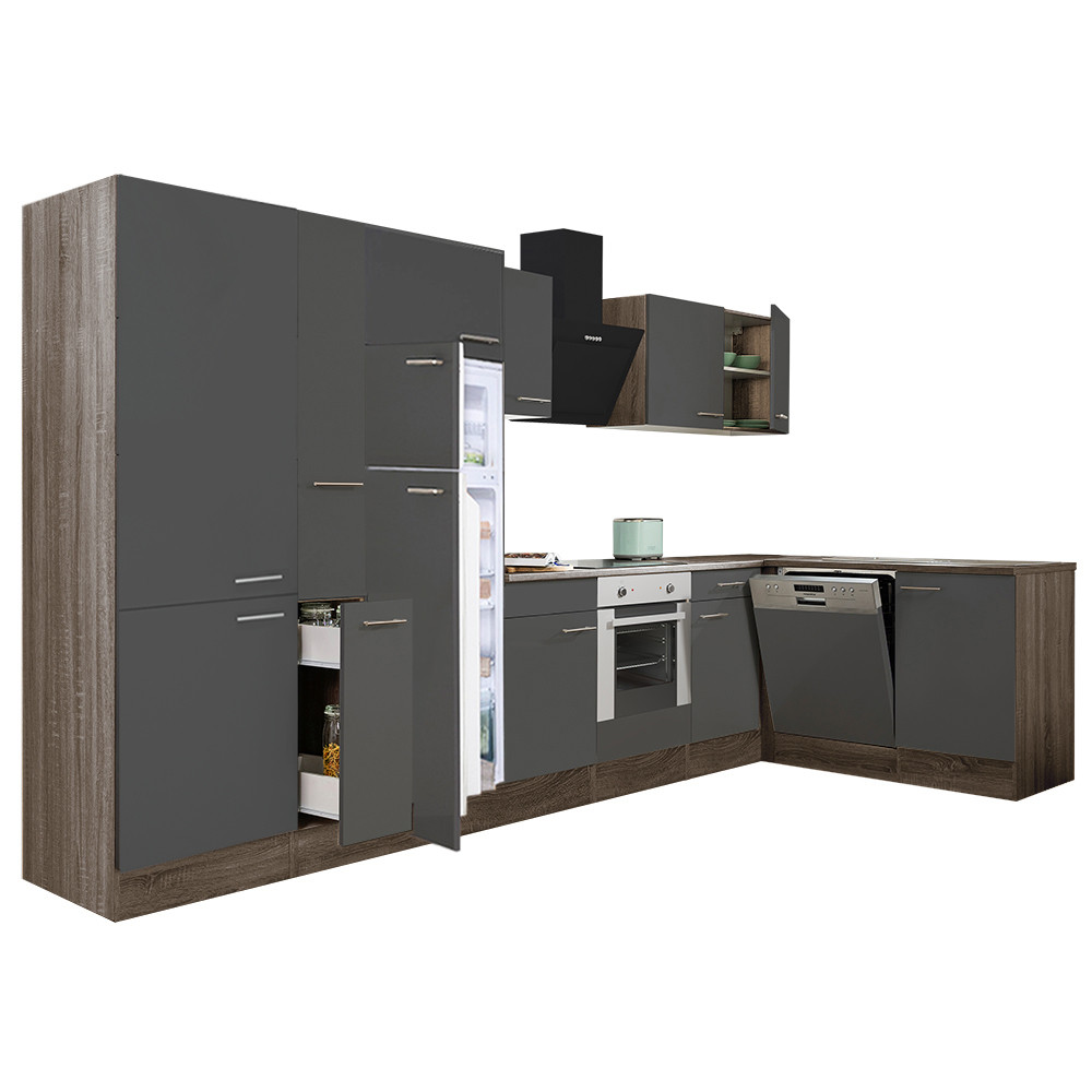 Yorki 370 sarok konyhablokk yorki tölgy korpusz,selyemfényű antracit front alsó sütős elemmel polcos szekrénnyel, felülfagyasztós hűtős szekrénnyel (HX)
