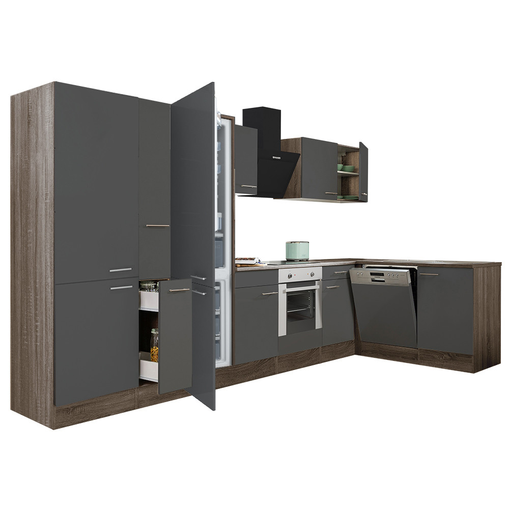 Yorki 370 sarok konyhablokk yorki tölgy korpusz,selyemfényű antracit front alsó sütős elemmel polcos szekrénnyel, alulfagyasztós hűtős szekrénnyel (HX)