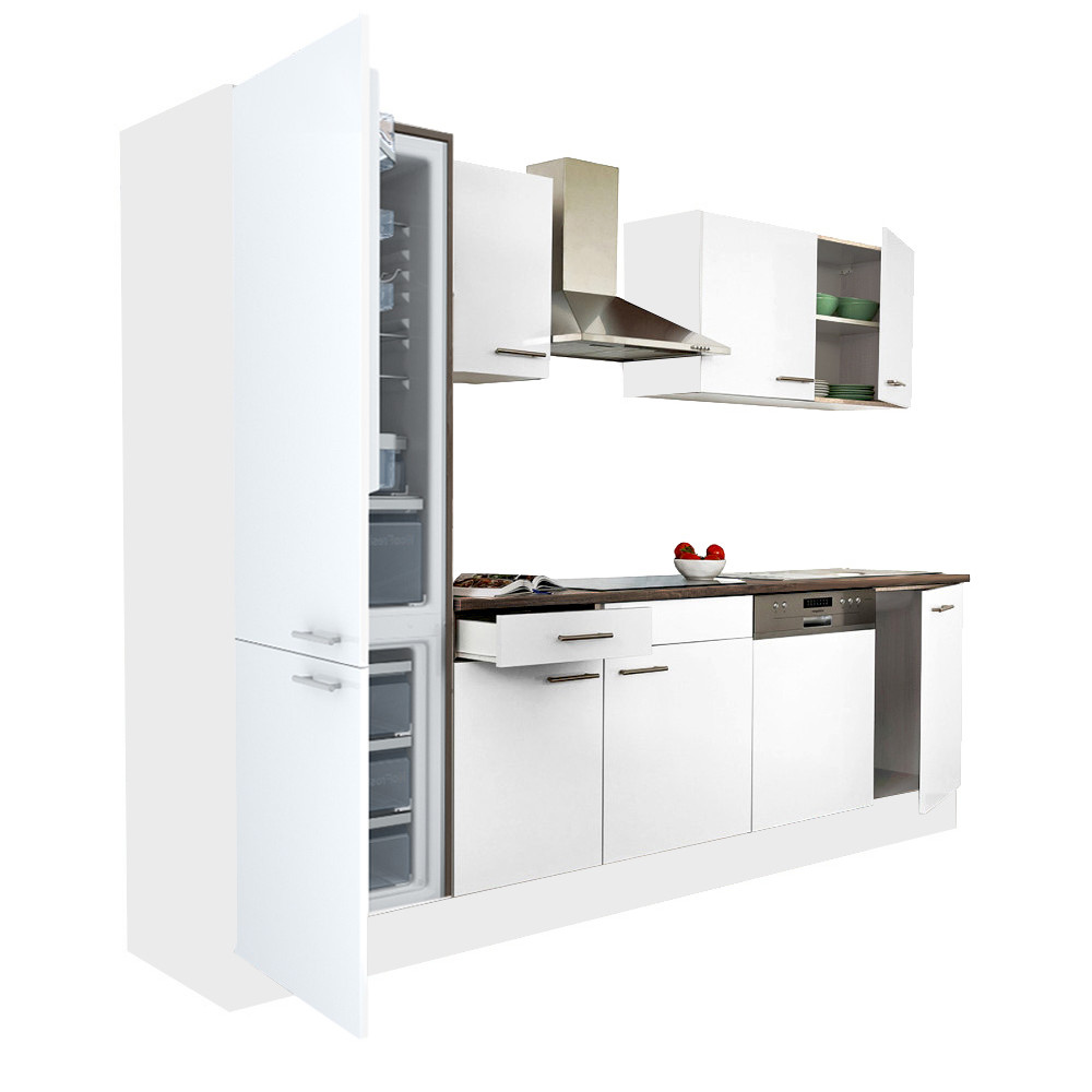 Yorki 280 konyhablokk fehér korpusz,selyemfényű fehér fronttal alulfagyasztós hűtős szekrénnyel (HX)