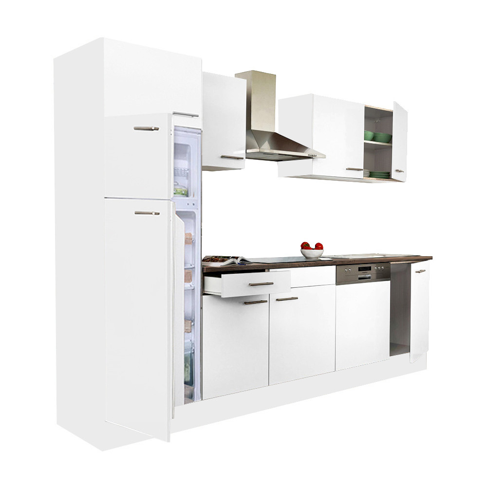 Yorki 280 konyhablokk fehér korpusz,selyemfényű fehér fronttal felülfagyasztós hűtős szekrénnyel (HX)