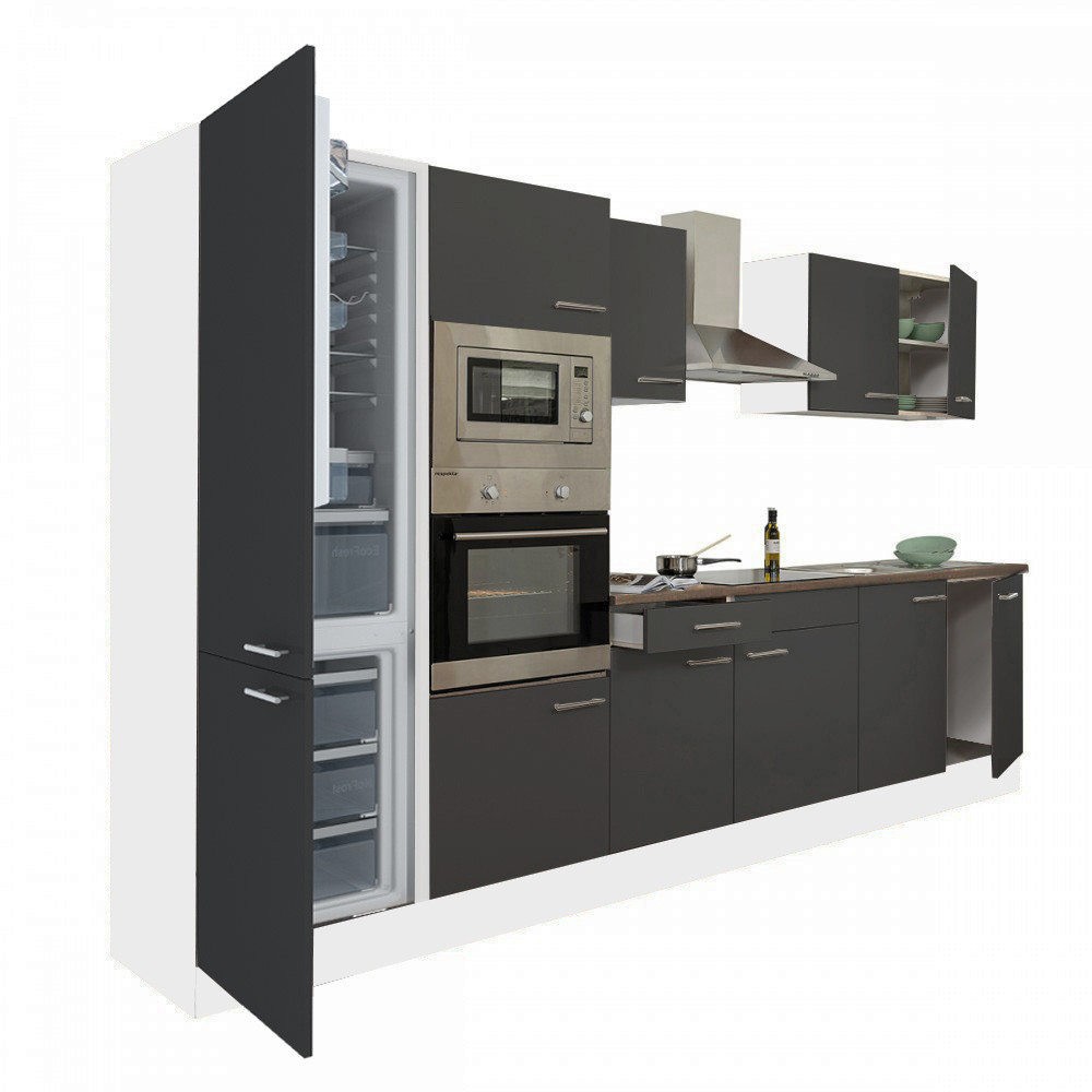 Yorki 330 konyhablokk fehér korpusz,selyemfényű antracit fronttal alulfagyasztós hűtős szekrénnyel (HX)