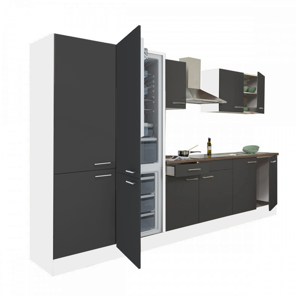 Yorki 330 konyhablokk fehér korpusz,selyemfényű antracit fronttal polcos szekrénnyel és alulfagyasztós hűtős szekrénnyel (HX)