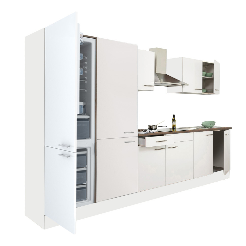 Yorki 330 konyhablokk fehér korpusz,selyemfényű fehér fronttal polcos szekrénnyel és alulfagyasztós hűtős szekrénnyel (HX)
