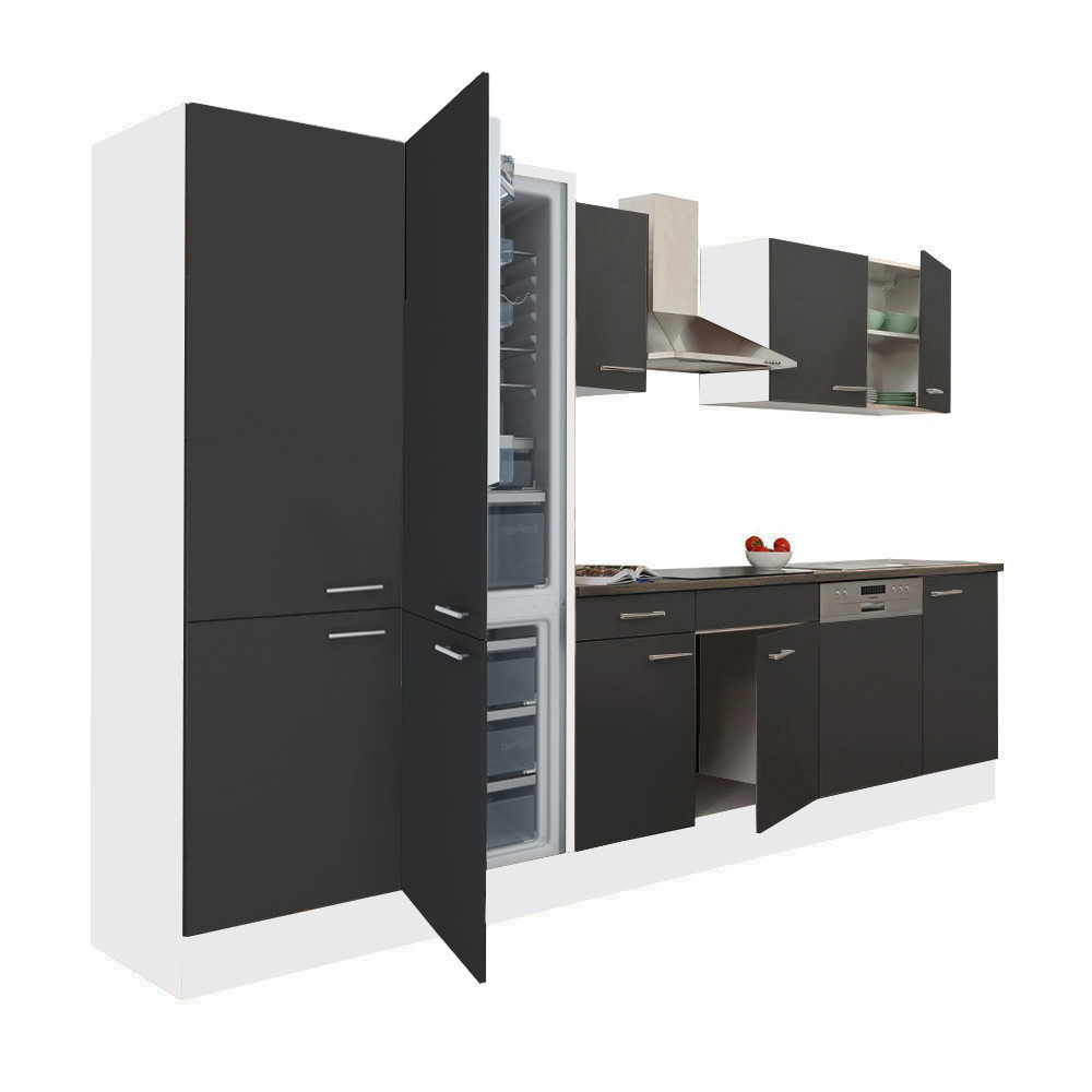 Yorki 340 konyhablokk fehér korpusz,selyemfényű antracit fronttal polcos szekrénnyel és alulfagyasztós hűtős szekrénnyel (HX)