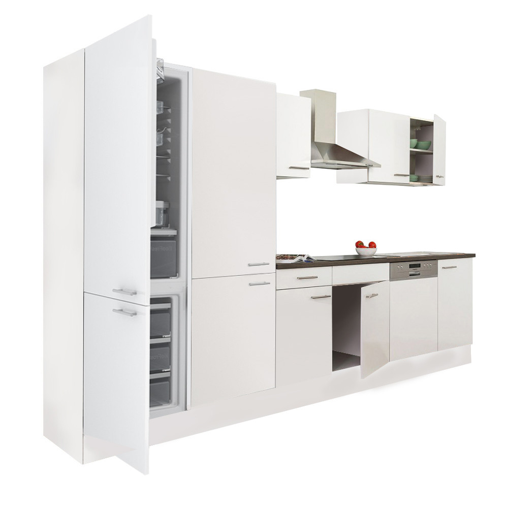 Yorki 340 konyhablokk fehér korpusz,selyemfényű fehér fronttal polcos szekrénnyel és alulfagyasztós hűtős szekrénnyel (HX)