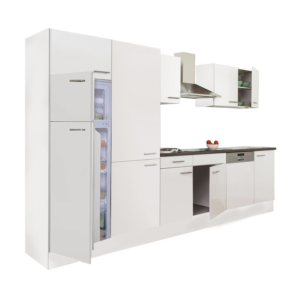 Yorki 340 konyhablokk fehér korpusz,selyemfényű fehér fronttal polcos szekrénnyel és felülfagyasztós hűtős szekrénnyel (HX)