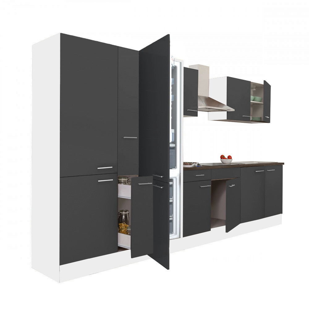 Yorki 360 konyhablokk fehér korpusz,selyemfényű antracit fronttal polcos szekrénnyel és alulfagyasztós hűtős szekrénnyel (HX)