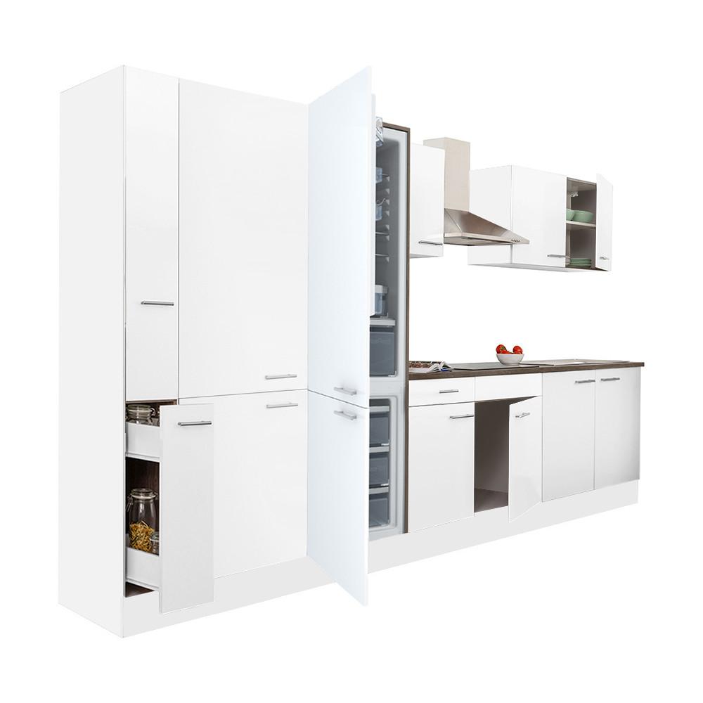 Yorki 360 konyhablokk fehér korpusz,selyemfényű fehér fronttal polcos szekrénnyel és alulfagyasztós hűtős szekrénnyel (HX)
