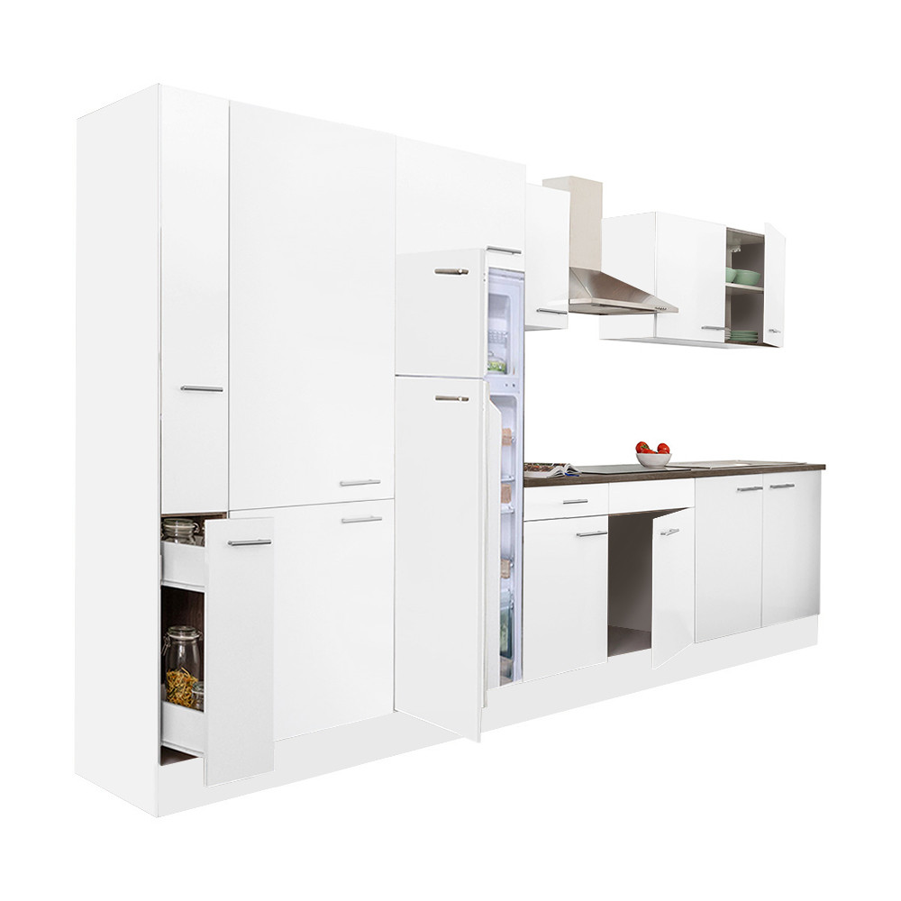 Yorki 360 konyhablokk fehér korpusz,selyemfényű fehér fronttal polcos szekrénnyel és felülfagyasztós hűtős szekrénnyel (HX)