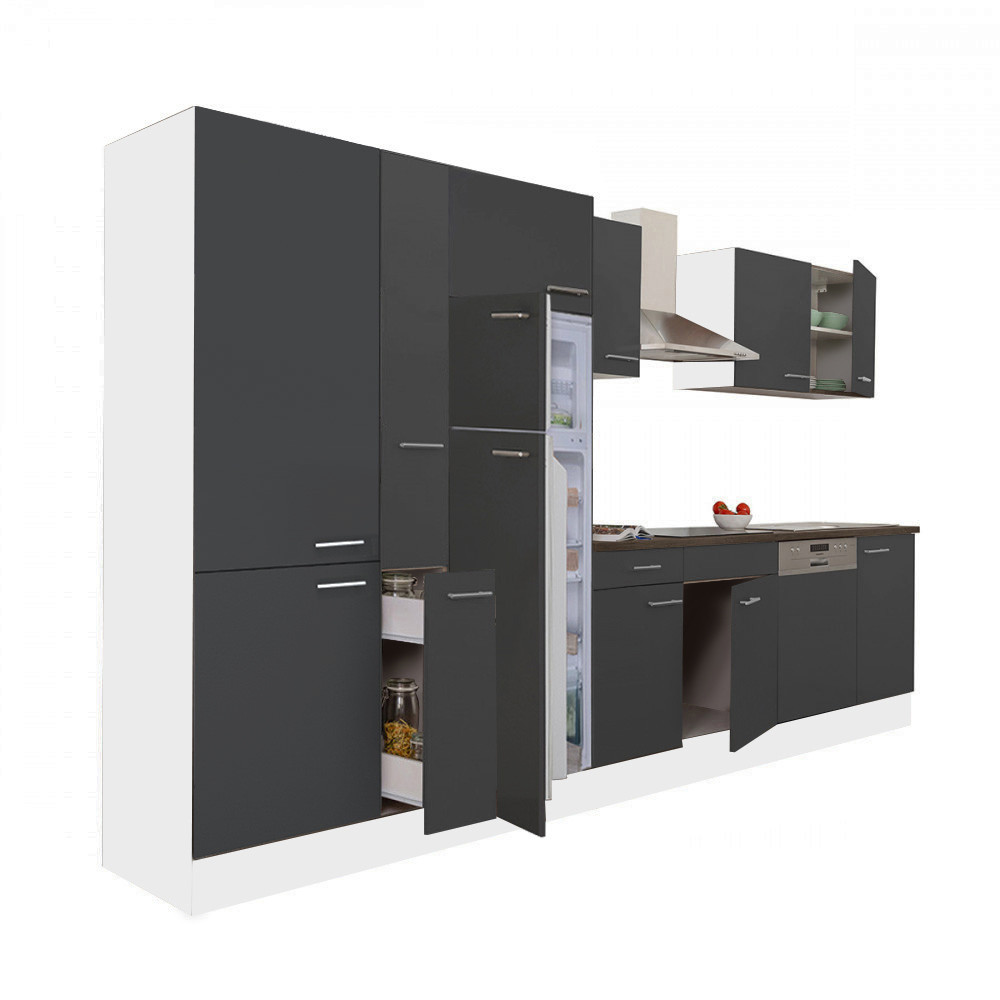 Yorki 370 konyhablokk fehér korpusz,selyemfényű antracit fronttal polcos szekrénnyel és felülfagyasztós hűtős szekrénnyel (HX)