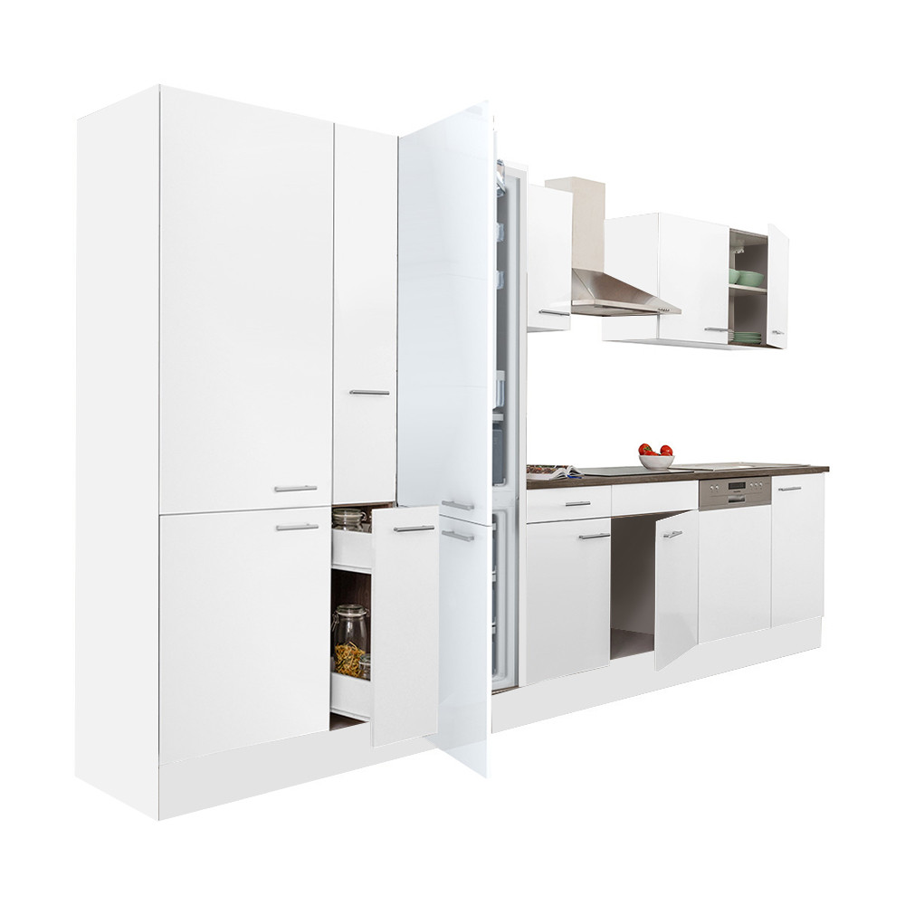 Yorki 370 konyhablokk fehér korpusz,selyemfényű fehér fronttal polcos szekrénnyel és alulfagyasztós hűtős szekrénnyel (HX)