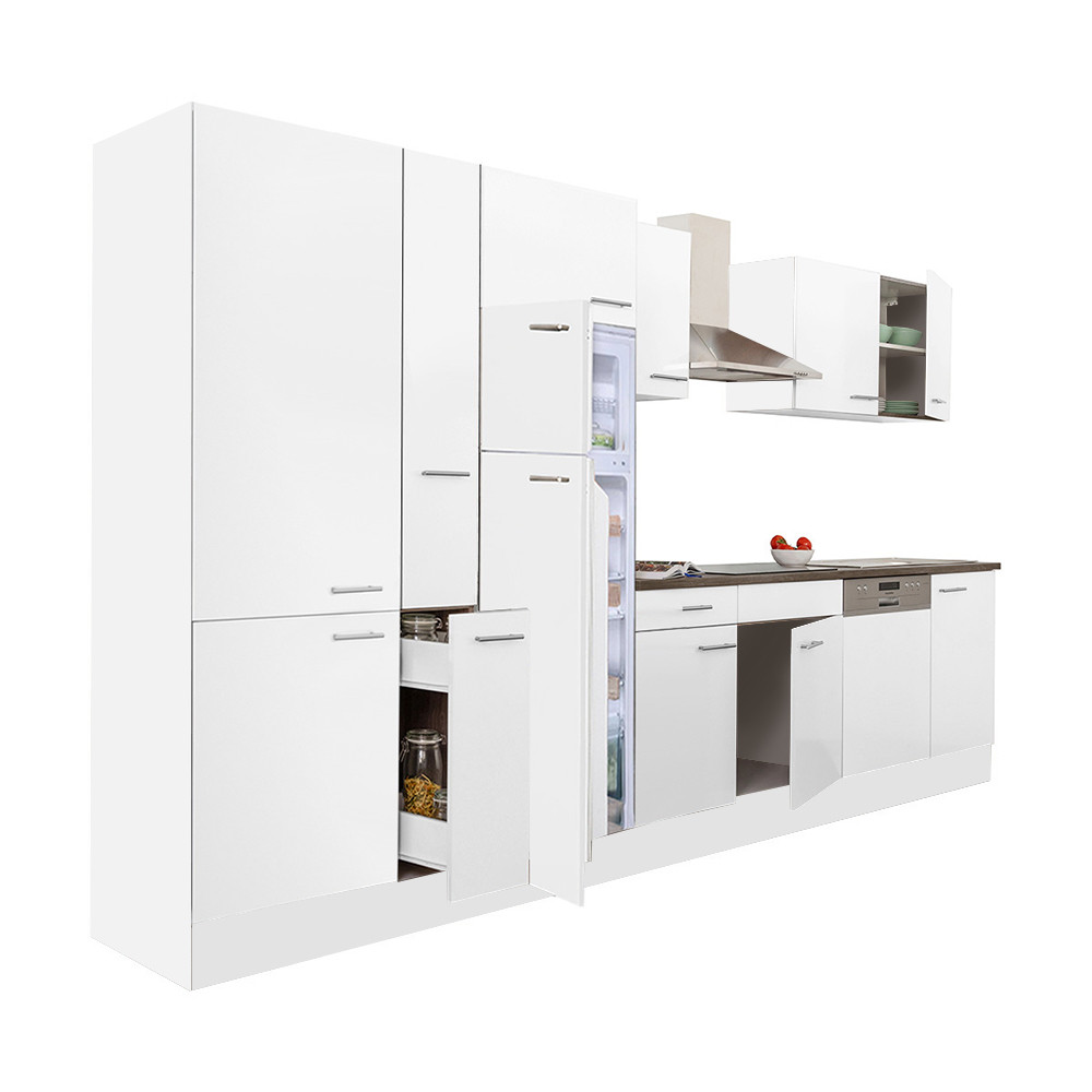 Yorki 370 konyhablokk fehér korpusz,selyemfényű fehér fronttal polcos szekrénnyel és felülfagyasztós hűtős szekrénnyel (HX)