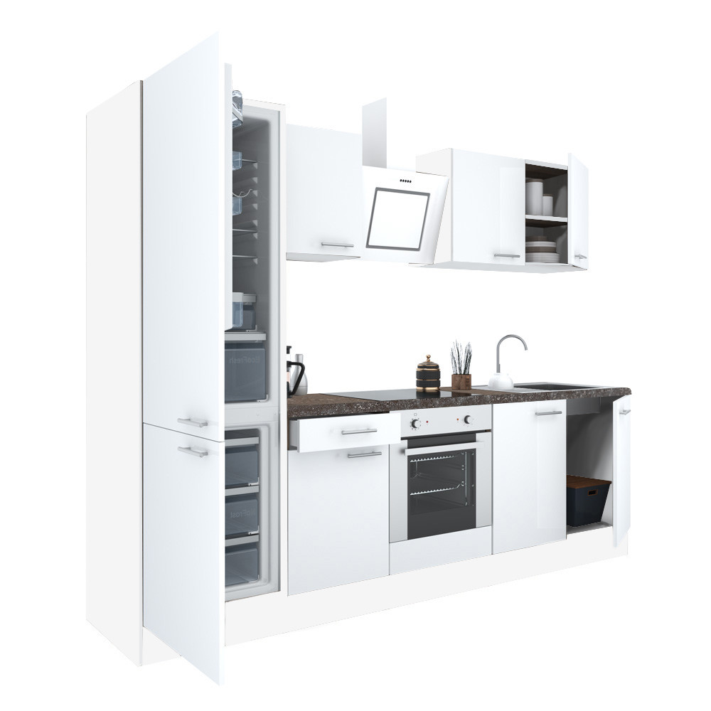 Yorki 270 konyhablokk fehér korpusz,selyemfényű fehér front alsó sütős elemmel alulfagyasztós hűtős szekrénnyel (HX)